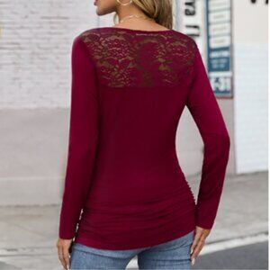 Long Sleeve Cowl Lace Back Side Ruched Tunic Top